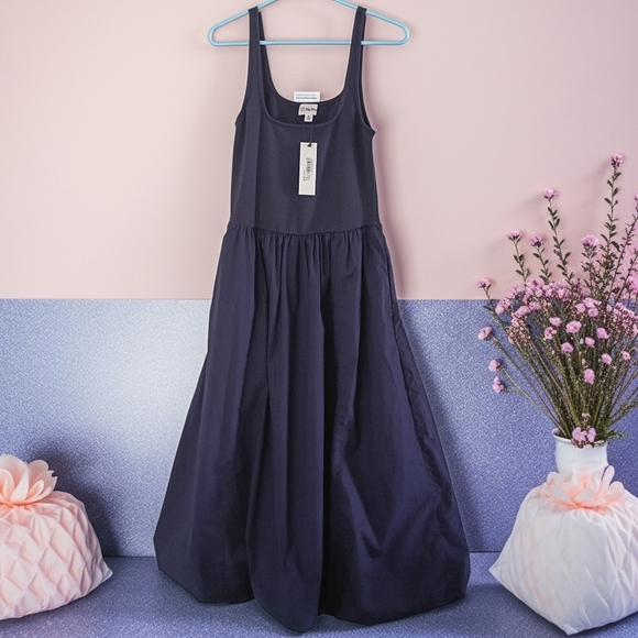 The Drop Womens Tina Scoop Neck Mixed Media Bubble Hem Midi Dress Maritime Navy - Picture 4 of 10